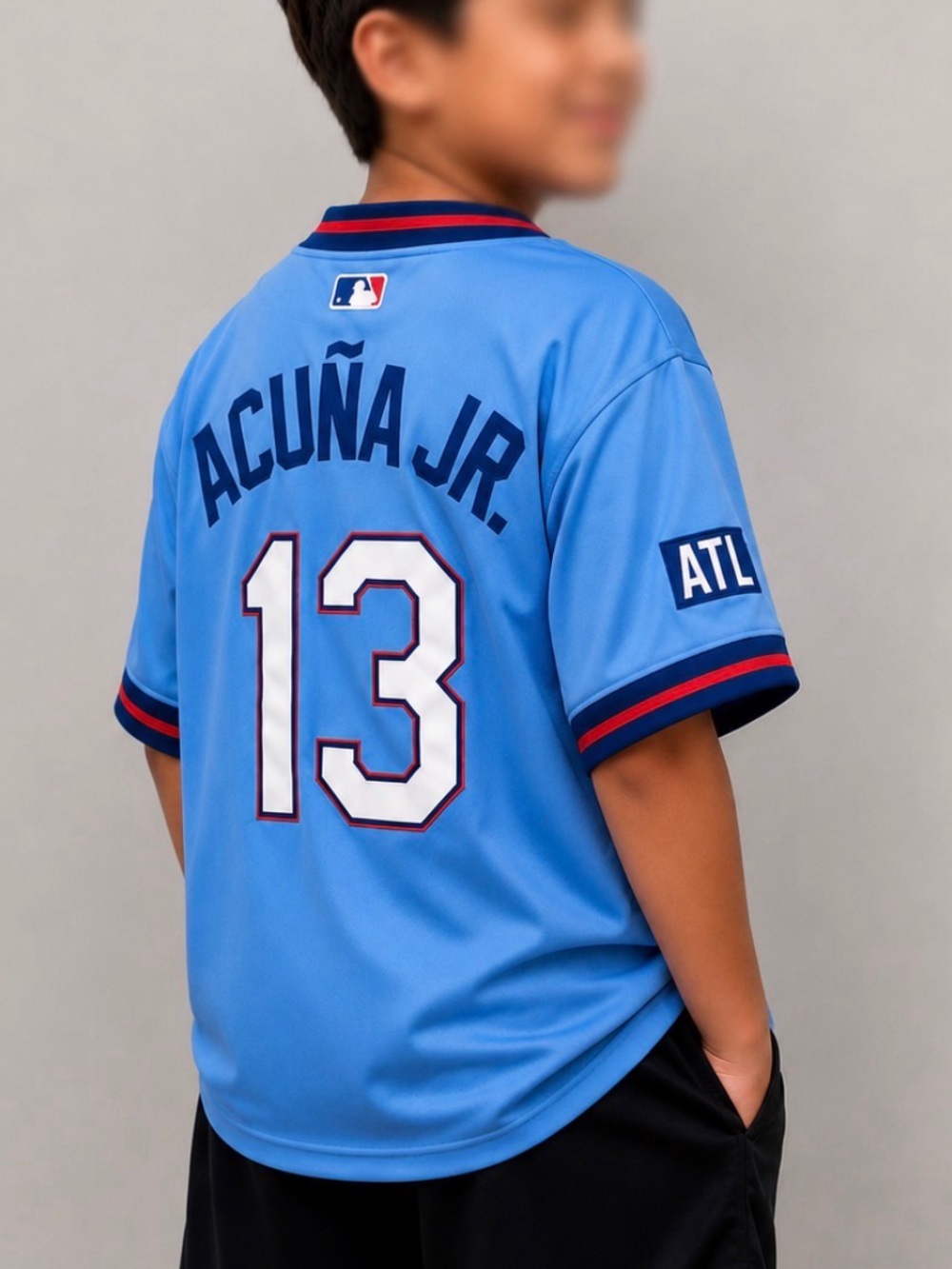 Ronald Acuna Jr Braves City Connect Light Blue Team Kids Jersey #13 YLG 14/16